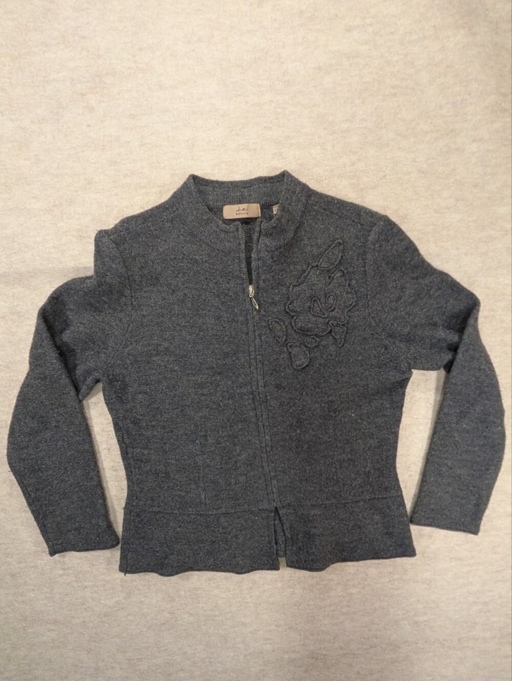 i.e. Wool Charcoal Women's Jacket Zip Up Sweater Outerwear Applique Petite Small